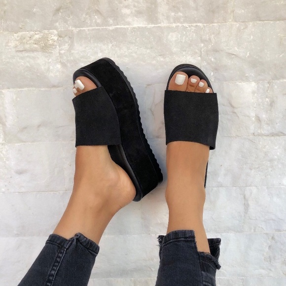 Black Suede Leather Platform Slide Sandal Size 9/EU 40 - Picture 3 of 3